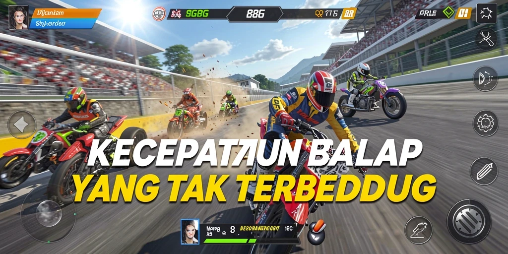 Screenshot utama 8G8G menampilkan mobil balap meluncur di trek dengan kecepatan tinggi.