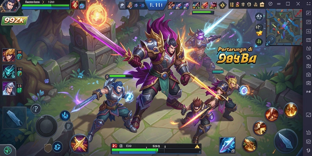 Tampilan seru gameplay MOBA 99ZK dalam arena pertarungan.