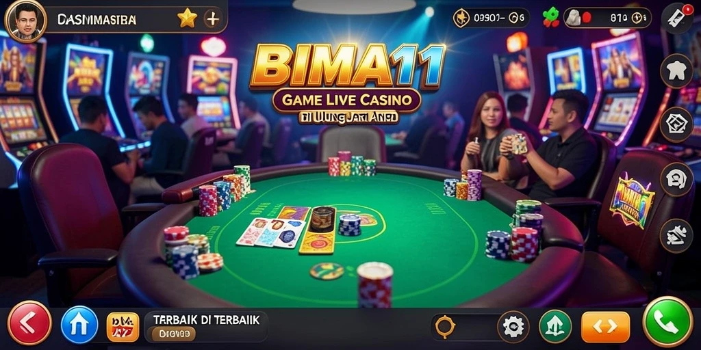 Screenshot gameplay BIMA11 menampilkan dealer profesional dan suasana kasino langsung.